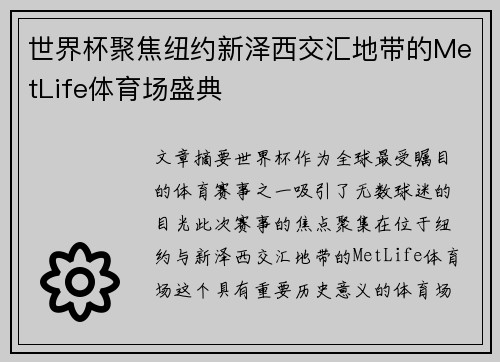 世界杯聚焦纽约新泽西交汇地带的MetLife体育场盛典